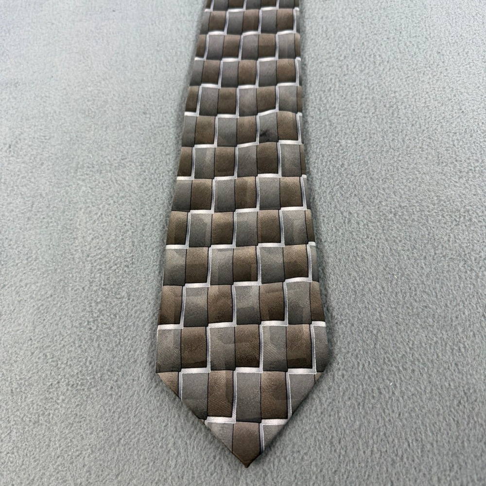 Facets Mens Silk Necktie Grey Taupe Geometric Block Pattern Hand Sewn Formal Tie